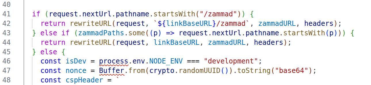Code in middleware.ts that rewrites the URL. The rewriteURL() function simply replaces the linkBaseURL with the zammadURL