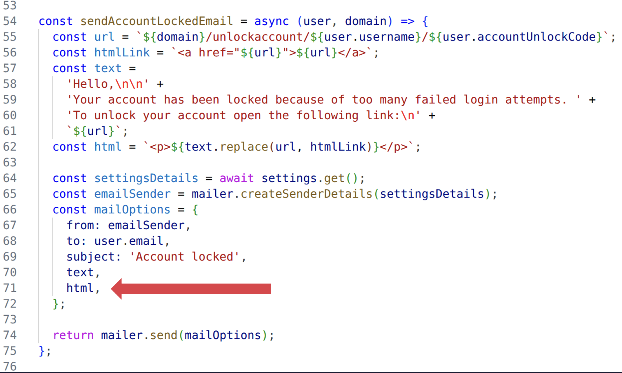 Account lockout email sender function. Note HTML